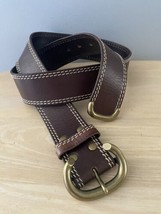 Vtg Linea Pelle Belt Brown Genuine Leather Stitched Brass Buckle 35-39&quot; Large - £19.40 GBP