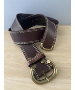 Vtg Linea Pelle Belt Brown Genuine Leather Stitched Brass Buckle 35-39&quot; ... - $24.63