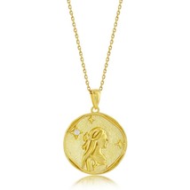 Sterling Silver &#39;VIRGO&#39; CZ Circle Zodiac Pendant w/Chain - Gold Plated - £56.18 GBP