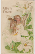 A Happy Easter Postcard 1908 Angel Harp Lilies Lily Bridgeport Connecticut  - £2.38 GBP