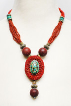 Gorgeous Vintage Tribal Coral Turquoise Wood Beaded Statement Necklace - £101.78 GBP