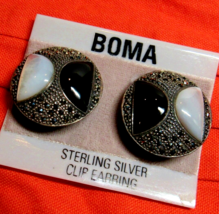 Signed BOMA Sterling 925 Silver Marcasite MOP Black Onyx Clip On Earrings 18.7g - $55.44