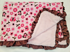 Little Beginnings Baby Blanket Pink Flowers Brown Ruffle Butterflies - £35.02 GBP