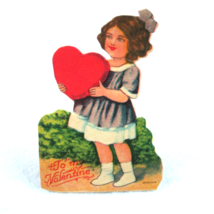Vintage Valentine Die Cut Stand Up Girl Purple Dress Hold Heart 1920-30s Germany - £7.98 GBP