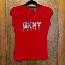 Vintage Y2K DKNY Jeans Babydoll Graphic T Americana USA Flag Small - $21.49