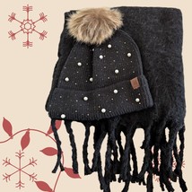 Lucky Brand Womens 2 Piece Hat Scarf Set Black Pearl Sparkles Stars Styl... - $294.80 MXN