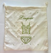 Ladies Lingerie Bikini Travel Bag Draw String White w Green Embroidery - $313.52 MXN