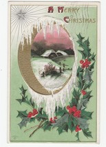 Vintage Postcard Christmas Cottages in Snow Holly Mint Green Background ... - £5.52 GBP