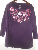 Croft &amp; Barrow Womens XXL Deep Purple 3/4 Sleeve Floral Print Appliqued ... - £10.29 GBP