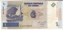 Congo, 1 Franc, 1997, Banque Nationale Du Congo, SN: F1377594F, P85a, XF... - $25.70