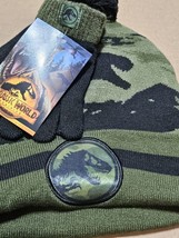 Kids Beanie Hat &amp; Gloves Jurassic World Collage Pom-Pom Green Camo HatNew - £9.33 GBP