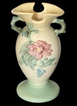 Vintage Hull Woodland Vase W4 6 1/2&quot; Pink Green Floral Pottery Double Handle 7&quot; - £14.78 GBP