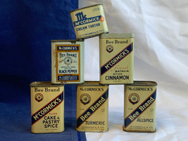 Vtg McCormick &amp; Co Tin Can Lot Seasonings Spices Bee Brand Food Containers - £55.35 GBP