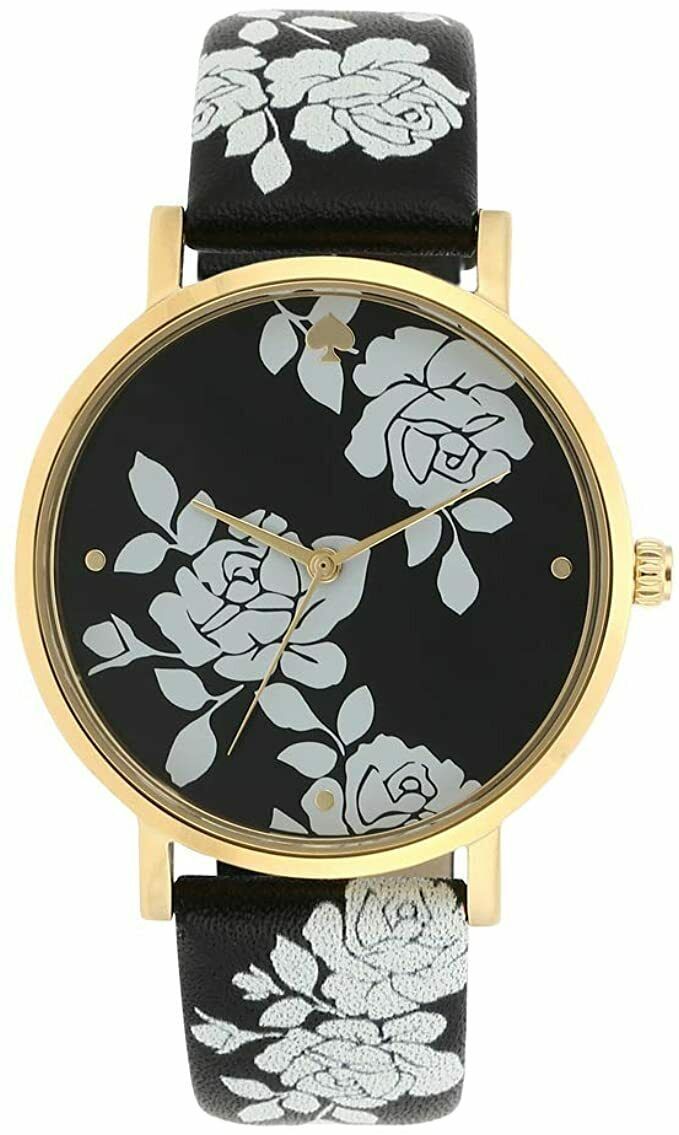 New Kate Spade NY KSW1498 Metro Golden Dial White Flowers Black Leather Watch - £142.11 GBP