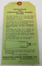 Kingston-Conley Electric Motor Lubrication Tag 1940 Miller Mixer New Jersey - $18.95