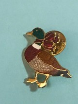 Estate Enamel &amp; Goldtone Mallard Duck w Red Christmas Ribbon Lapel or Hat Pin or - £9.59 GBP