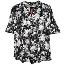 NWT Cocomo Plus Size 2X Black &amp; White Floral Print Pintuck 3/4 Sleeve Blouse Top - £27.96 GBP