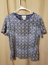 KATHIE LEE COLLECTION - STRETCH KNIT TOP BLUE &amp; WHITE SEMI-SHEER SIZE L ... - £4.68 GBP