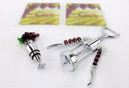 Wine Set w/Corkscrew, Bottle Stopper, 2 Glass Coasters ~ Murano Art Deco, #3650 - £7.81 GBP