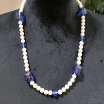 Womens Fashion Blue Color Rhinestone Natural Faux Pearl Beaded Collar Necklace - $26.73