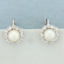 Cultured Pearl and CZ Earrings in 14k White Gold - $374.00