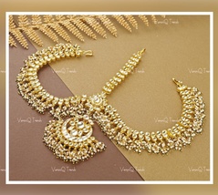 VeroniQ Trends-South Indian Gold Plated Pachi Kundan Chandbali Matha Patti - $140.00