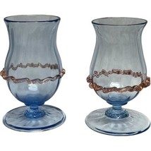 Pair Vintage Murano Venetian Juice Glasses Cordials Blue Applied Pink Trim 3-1/2 - £36.96 GBP