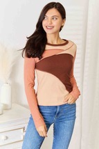 Double Take Color Block Exposed Seam Long Sleeve Top - £25.74 GBP