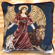 Portifino Heavenly Angel Lion &amp; Lamb Tapestry Couch Pillow Solid Back Christmas - £21.23 GBP