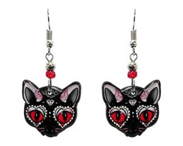Day of the Dead Sugar Skull Cat Face Animal Graphic Dangle Earrings - Womens Fas - £11.67 GBP