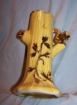Vintage Yellow Tree Truck Vase w/Squirrel Trimmed w/22K Gold-6 inches tall - £10.65 GBP