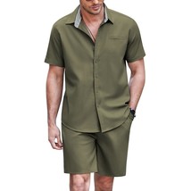 Men Linen Outfits 2 Piece Matching Shirt And Shorts Set Solid Summer Button Down - £53.88 GBP