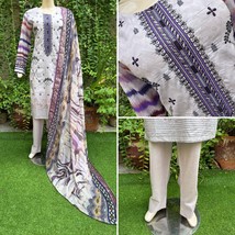 Pakistani Light Gray Printed Straight Shirt 3-PCS Lawn Suit w/ Threadwor... - $49.50