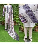 Pakistani Light Gray Printed Straight Shirt 3-PCS Lawn Suit w/ Threadwor... - $49.50
