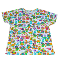 Life Uniform Whimsical Crazy Monsters Clowns Butterflies Large White Scr... - $9.99