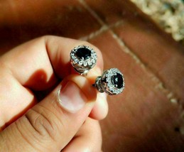 2 Ct Simulated Black Diamond 14k Halo Stud Earrings White Gold Plated Silver - £57.35 GBP