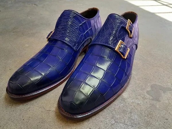 Ideal Royal Blue Color Crocodile Texture Outstanding Look Handmade Monk Shoes - £126.41 GBP