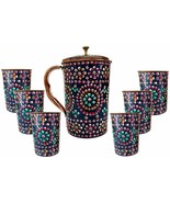 Pure Copper one Jug with Six Glass Drink ware Set Hand Painted Outer side - $105.06 CAD