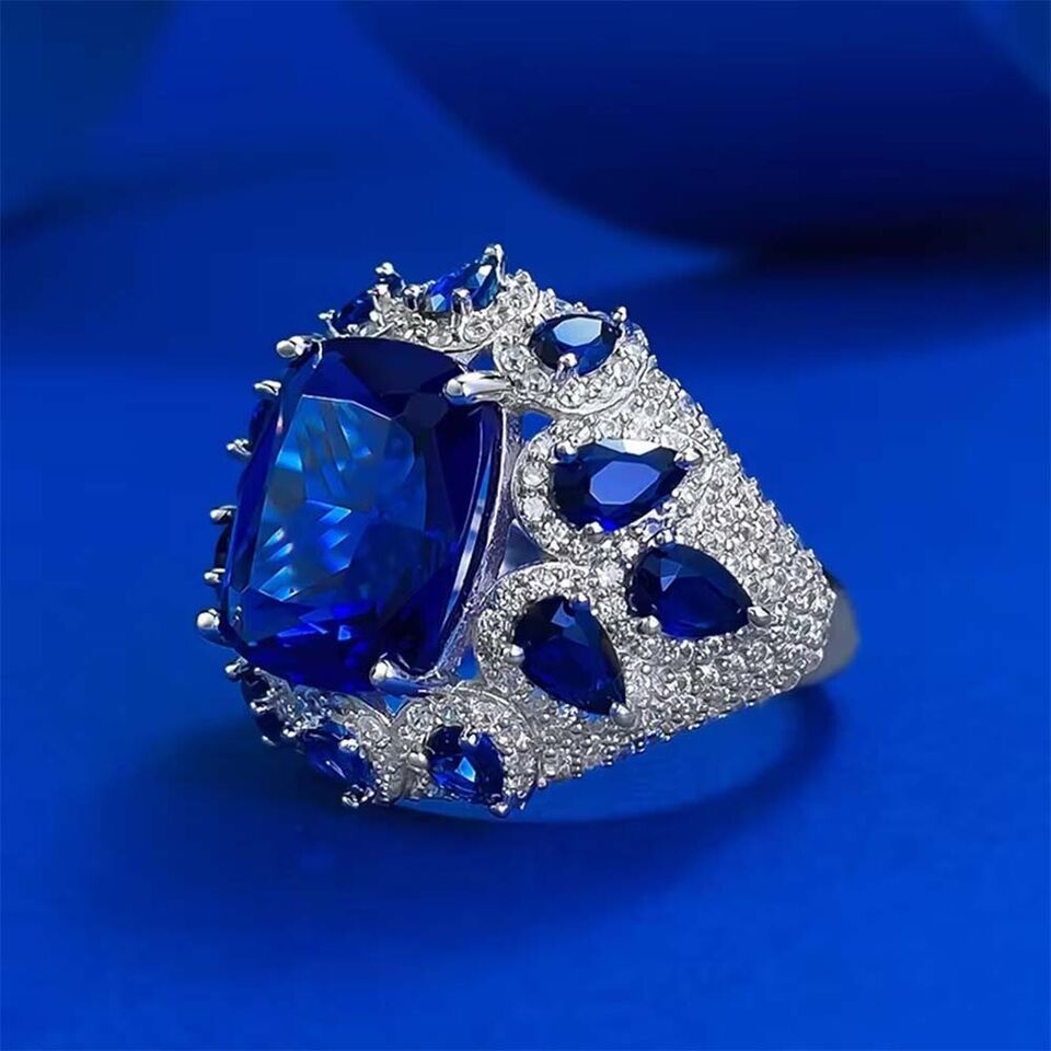 Cushion Created Sapphire & Diamond 14K White Gold Plated Ladies Engagement Ring Item image 3