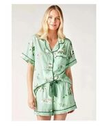 Katie Kime Green Holiday Toile Pajama Shirt Short Sleeve Button Front Si... - $67.32