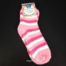 Winterlace Soft Fuzzy Socks W/ Gripper Bottoms Pink Striped  - £5.42 GBP