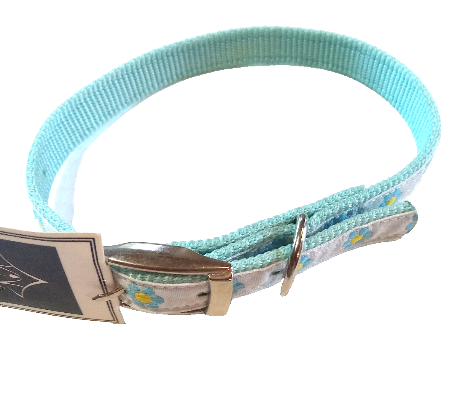 Nylon Dog Collar 12" - 16" Light Blue Flower Ribbon overlay East Side Collection - $8.56