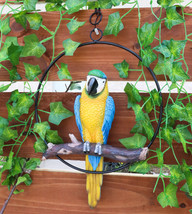 Ebros Hanging Blue And Gold Macaw Perching on Branch in Metal Round Ring 13.5&quot;H - £33.07 GBP