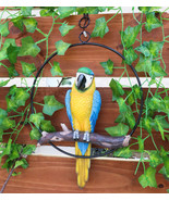 Ebros Hanging Blue And Gold Macaw Perching on Branch in Metal Round Ring... - £33.52 GBP