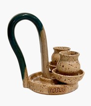 Stoneware Pottery Studio Artist Made Chamberstick Candle Holder Curved Handle - £19.65 GBP