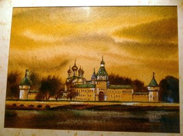 Watercolor Russia village byzantine church Art framed Russia 1990's - £48.13 GBP