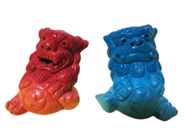 Chinese Pair Glazed  Foo Dogs Stone Lions Guardians Orange Blue 3&quot; &amp; 3.5&quot;T - £28.13 GBP