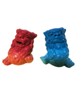 Chinese Pair Glazed  Foo Dogs Stone Lions Guardians Orange Blue 3&quot; &amp; 3.5&quot;T - £27.69 GBP