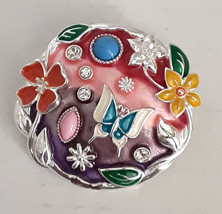 Round/Oval Shaped Pendant w/Butterfly &amp; Flowers Rhinestones Cabochon Silver Tone - £4.74 GBP