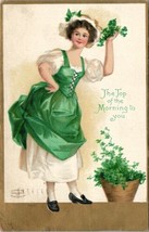 Ellen Clapsaddle St Patrick&#39;s Day Lady In Green Planter of Shamrock Postcard W9 - £11.92 GBP